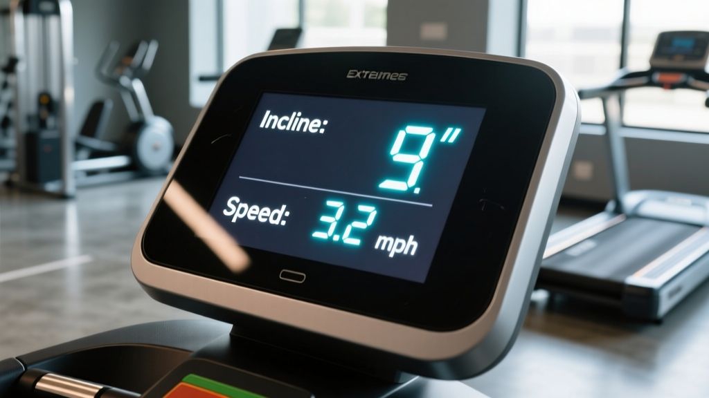 Close up of a treadmill digital console displaying an incline level of 9 and a speed of 3.2 miles per hour