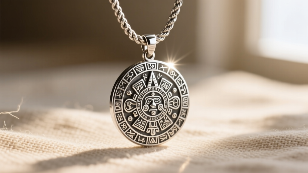 Sterling silver Aztec calendar pendant on a heavy rope chain catching warm sunlight against a neutral linen background.