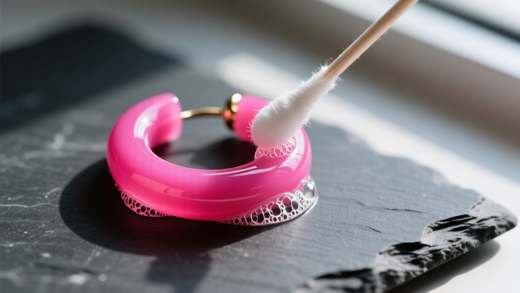 Macro shot of a neon pink acrylic clicker hoop earring being cleaned with a cotton swab and mild soap on a dark slate surface.