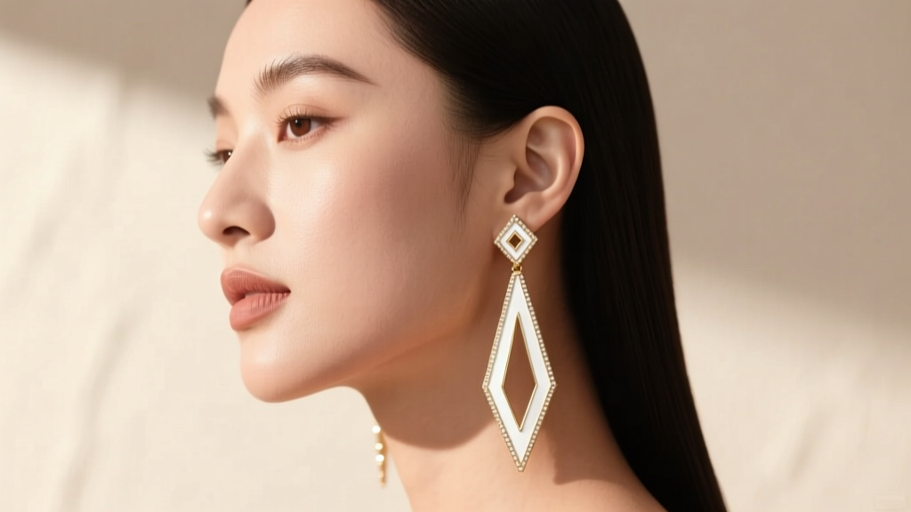 Side profile of a woman wearing elongated geometric white gold chandelier earrings that visually lengthen her round face shape