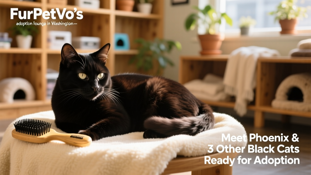 A senior black cat named Phoenix resting peacefully in a sunbeam beside a soft blanket and brush at FurPetVo’s cozy adoption lounge