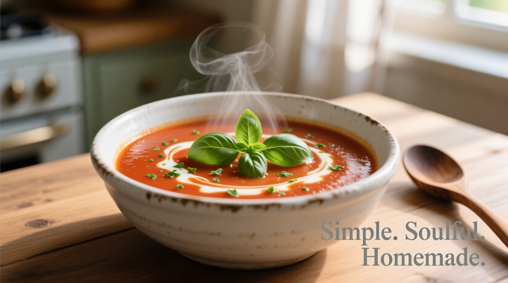 Homemade tomato soup in white bowl with basil garnish
