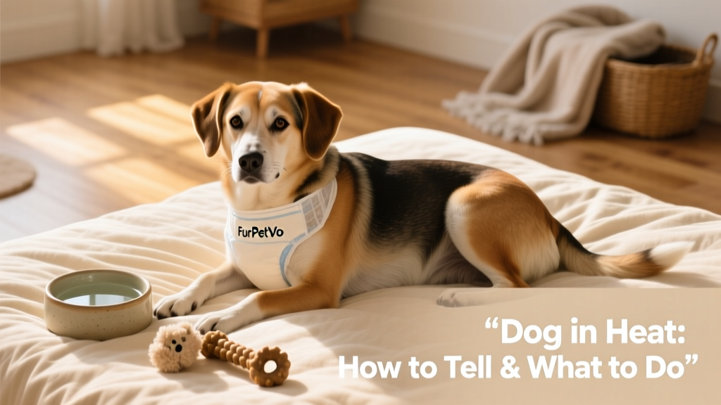 Dog wearing a clean, well-fitted FurPetVo washable diaper, resting calmly on a cozy bed with water and toys nearby
