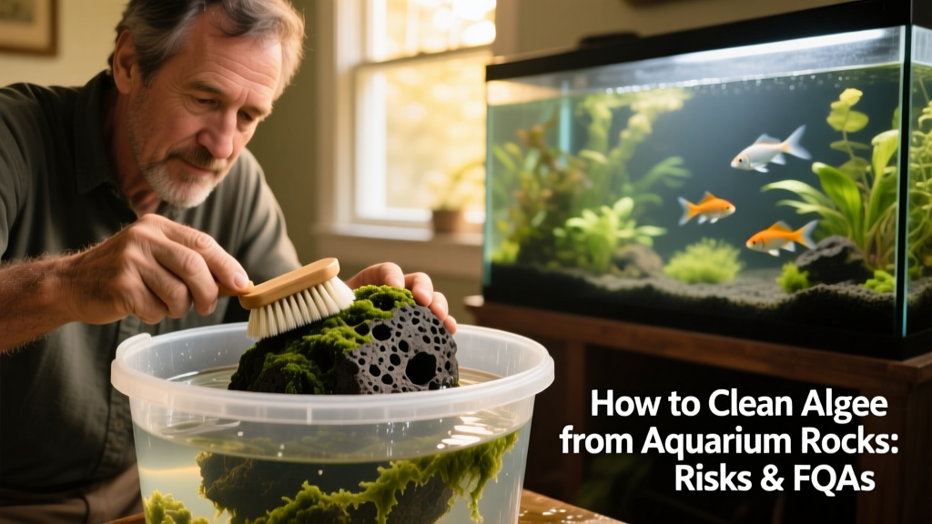 Aquarium owner gently scrubbing algae from lava rock using a soft-bristled brush and bucket of tank water
