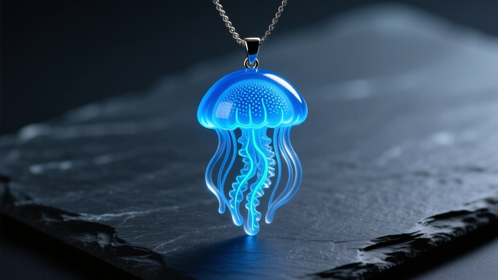 Glowing blue resin Terraria jellyfish necklace pendant on dark slate, illuminated by soft UV light showing details.