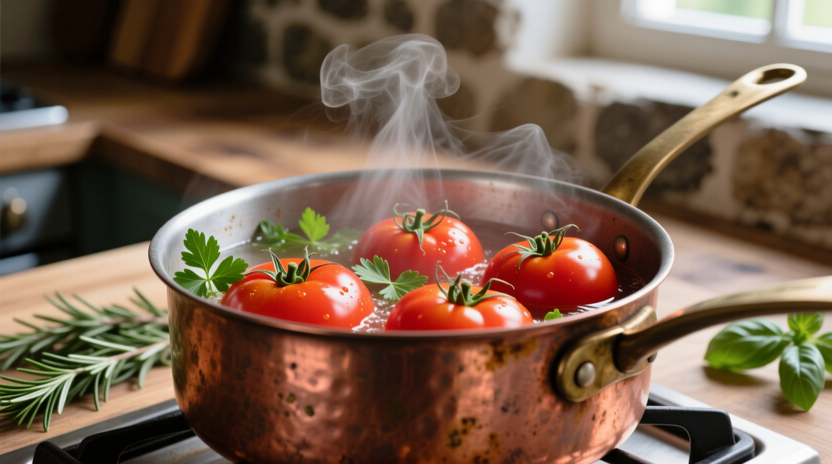 Fresh tomatoes simmering in copper pot with herbs