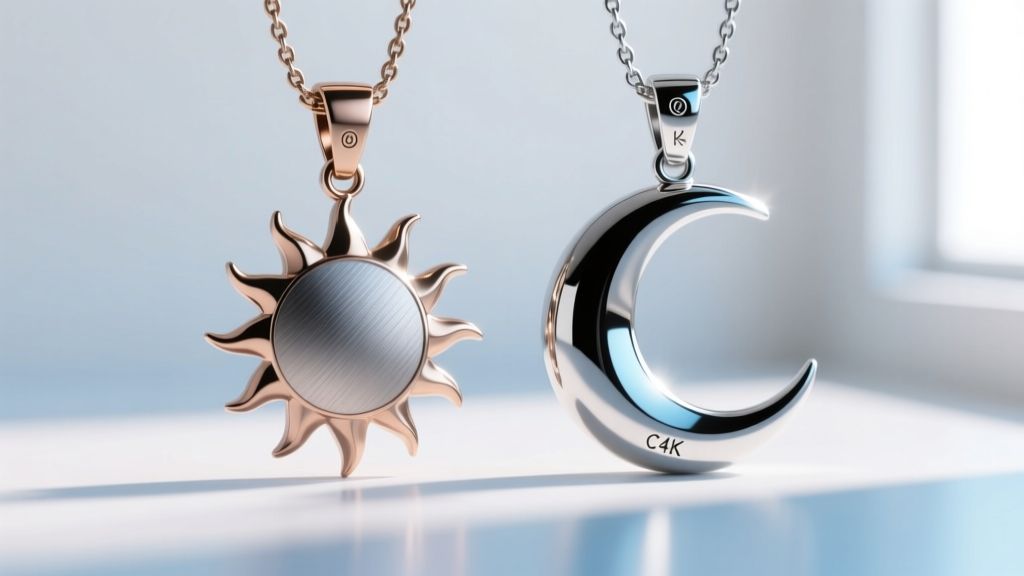 Macro shot of brushed titanium sun pendant beside polished silver moon pendant, highlighting contrasting textures and hallmarks.