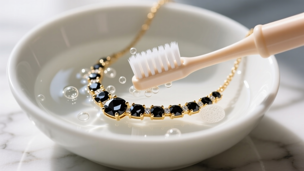 Macro shot of a soft-bristled baby toothbrush gently cleaning a black diamond gold necklace submerged in a bowl of soapy water.