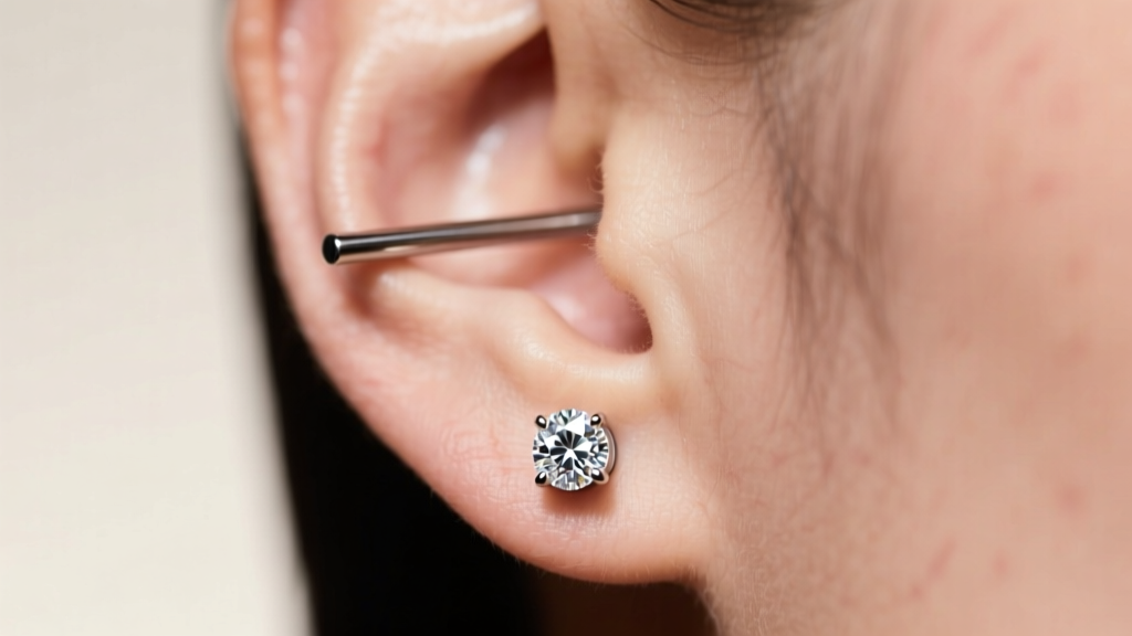 Close-up of a freshly pierced earlobe wearing a flat-back titanium labret stud with a bezel-set diamond, soft studio lighting