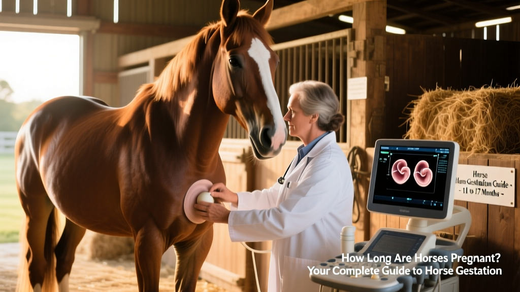 Veterinarian performing an ultrasound exam on a mare’s abdomen to confirm pregnancy and check for twins