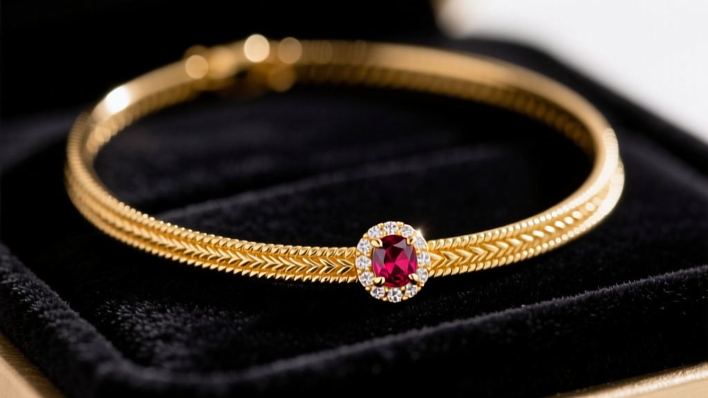 Macro shot of an 18k yellow gold Roberto Coin coin necklace on black velvet, showing milgrain edges and signature ruby detail.