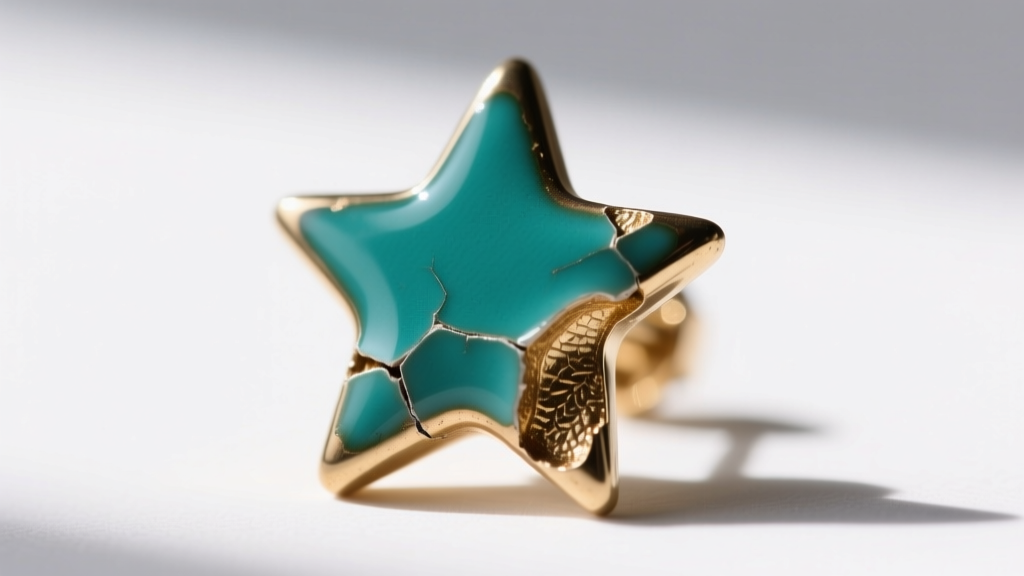 Macro photography showing a chipped vitreous enamel edge on a star-shaped earring, highlighting the brass base metal underneath