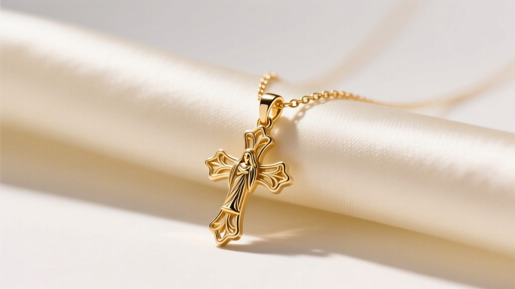 Close-up of a delicate 14k solid gold mary and cross necklace resting on cream silk fabric with soft, warm directional lighting.
