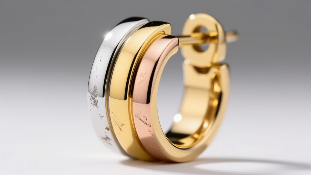 Close-up of tri-gold earring joints showing slight rhodium wear on the white gold band under bright, focused studio lighting setup.