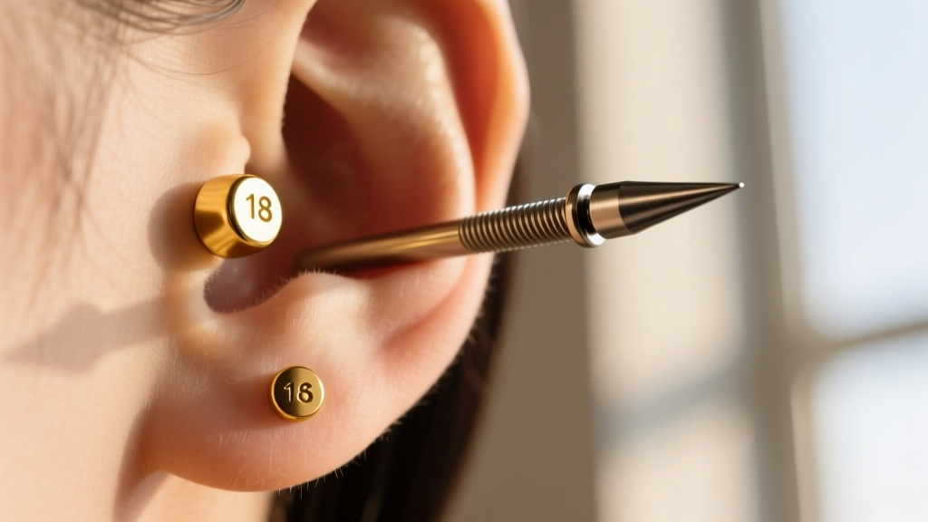 Macro shot of an asymmetrical left ear stack featuring an 18g gold tragus stud and a 16g titanium threadless helix spike