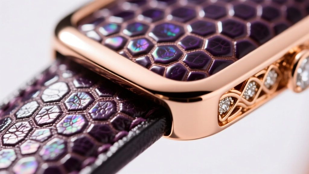 Extreme close-up of a jewelry bezel edge showing the seamless transition between polished stingray leather and rose gold metal.