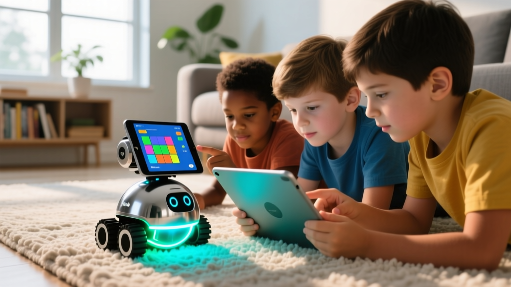 Close-up of diverse kids programming a glowing Sphero RVR+ robot on a living room rug using a tablet interface