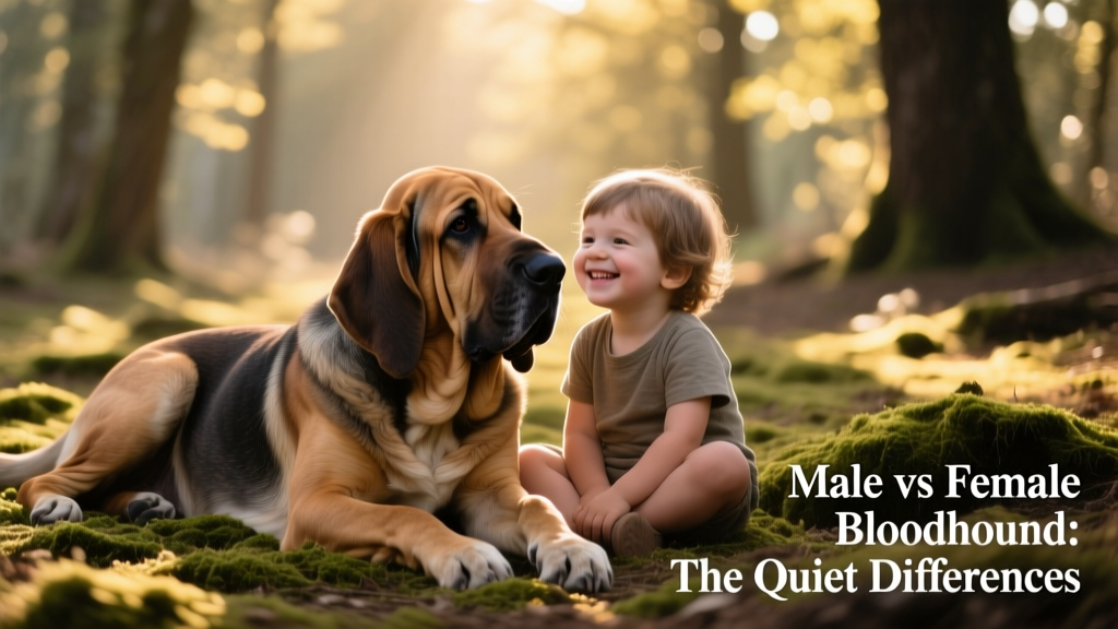 A relaxed female Bloodhound resting beside a child, both smiling gently