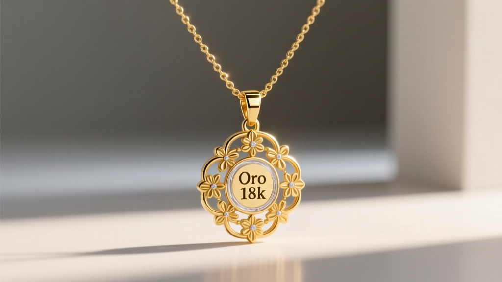 Close-up of a bilingual jewelry display in Mexico featuring an 18k gold pendant necklace with a clear Oro 18k hallmark tag