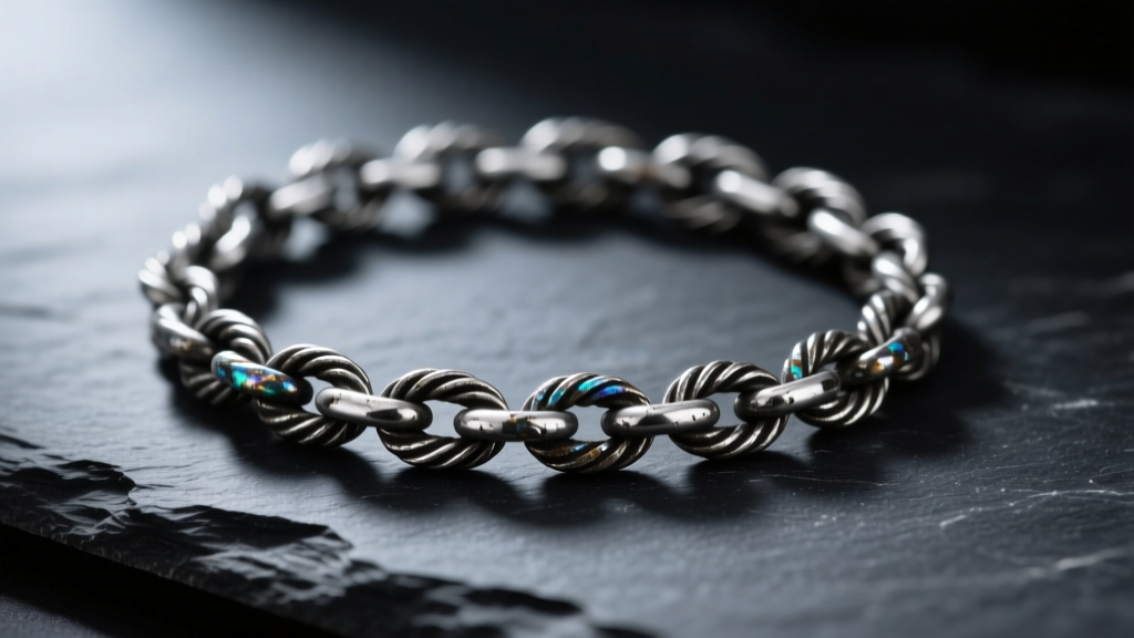 Tarnished 925 sterling silver rope chain on dark slate, showing black silver sulfide patina under soft directional lighting.