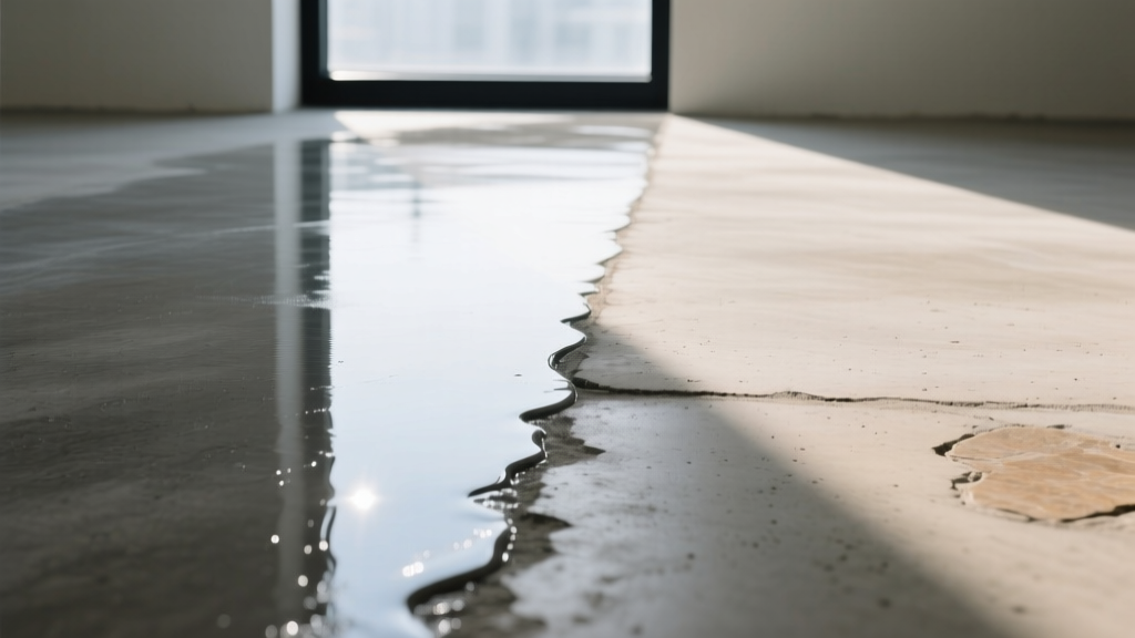 Close-up of a concrete floor transitioning from a high-gloss polyurethane finish to a natural matte siloxane seal