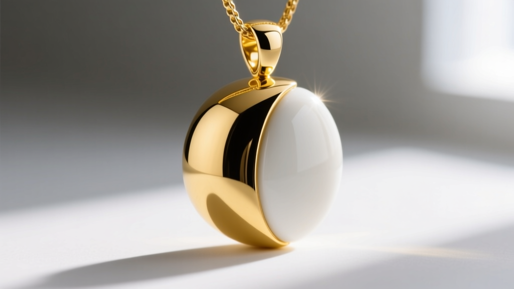 Macro photography showing the seamless junction between polished yellow gold and white high-tech ceramic on a luxury pendant.