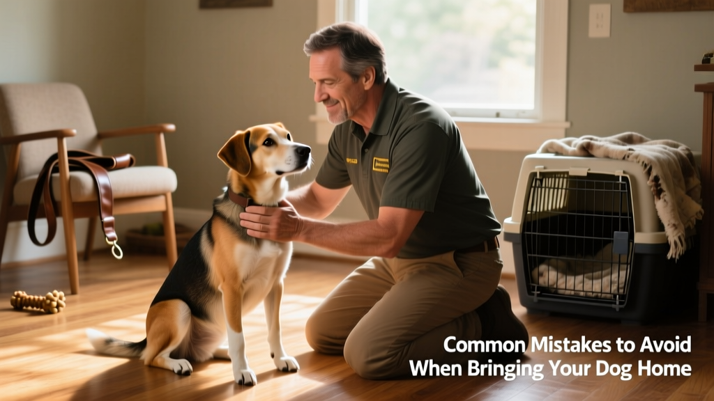 Owner calmly kneeling beside a relaxed dog who sits quietly, making gentle eye contact and offering a soft pat
