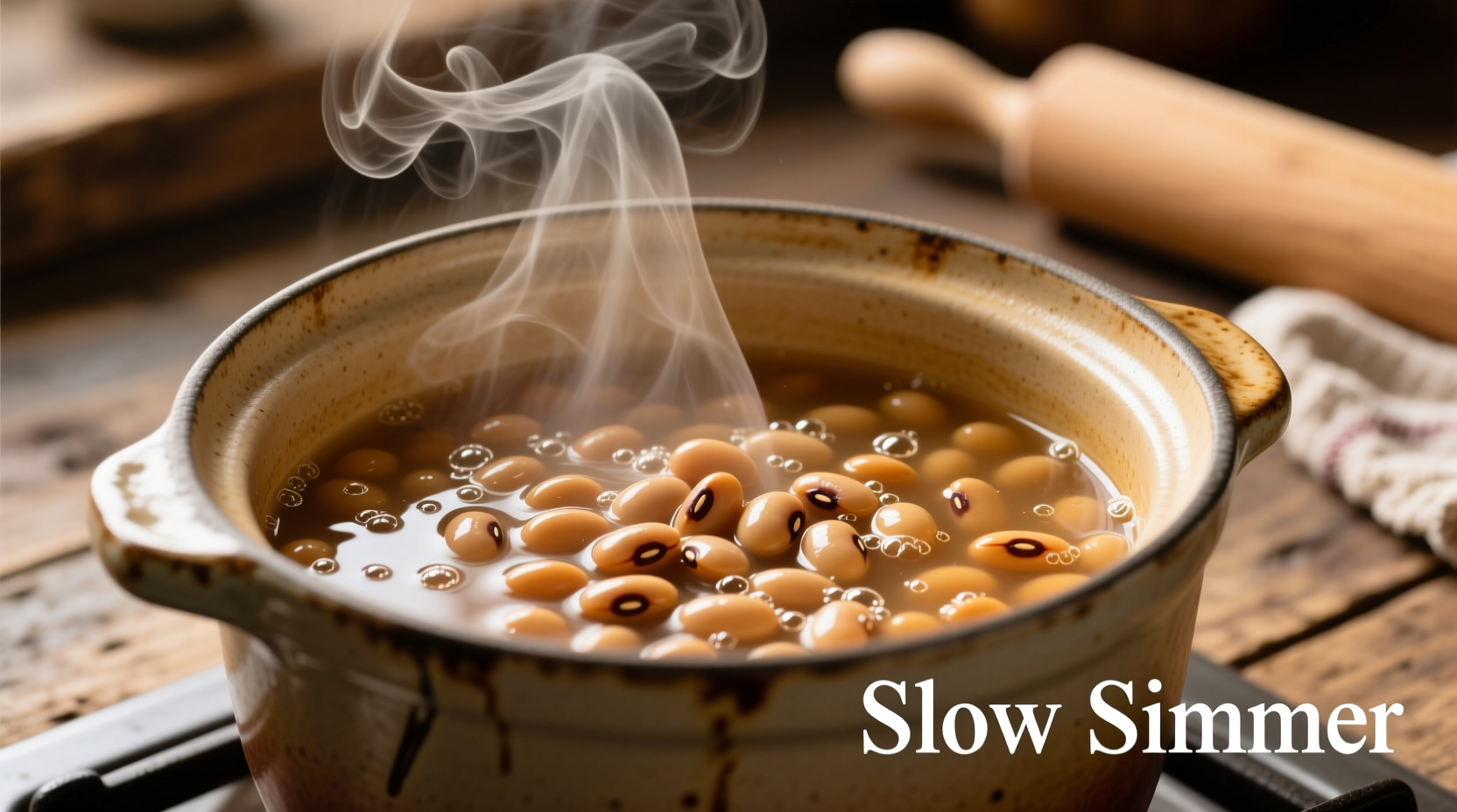 Pinto beans simmering in a ceramic pot with steam rising