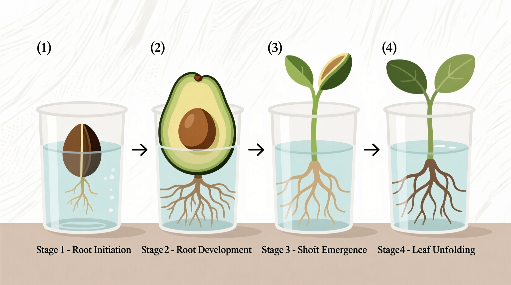Avocado seed germination stages in water