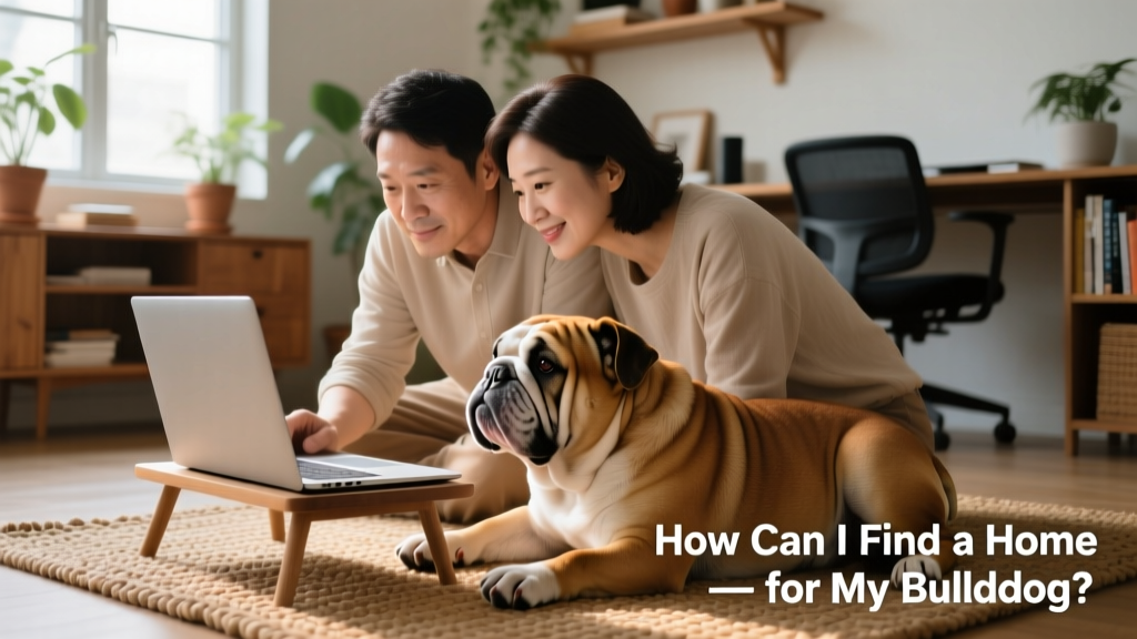 Two people reviewing a bulldog's profile together on a laptop screen, with the dog resting calmly nearby