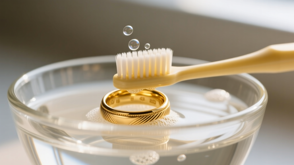 Soft-bristled toothbrush gently scrubbing a textured 18k yellow gold band in a glass bowl of lukewarm water and mild dish soap.