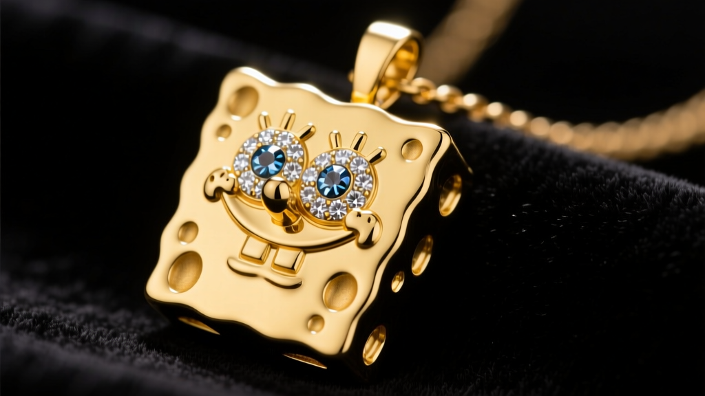 Close-up of a solid 14k yellow gold SpongeBob pendant with pavé diamond eyes, resting on dark velvet under bright studio lighting.