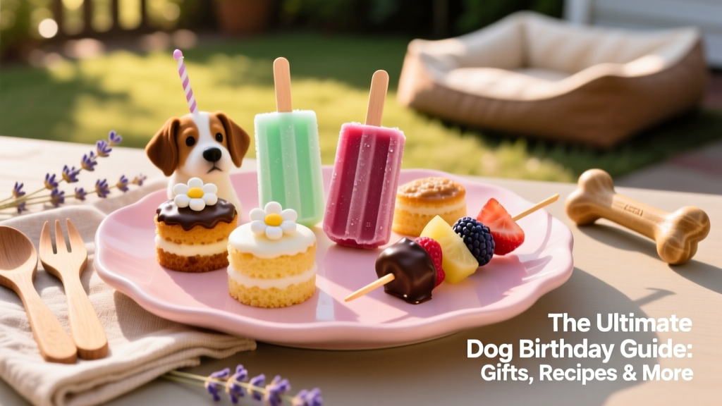 Assortment of dog-friendly birthday treats on a pastel platter: mini cakes, frozen pupsicles, and carob-dipped fruit