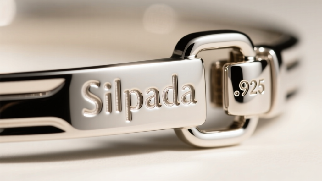 Macro shot of a silver clasp revealing the deeply stamped Silpada logo and .925 hallmark, lit by a bright directional LED light.