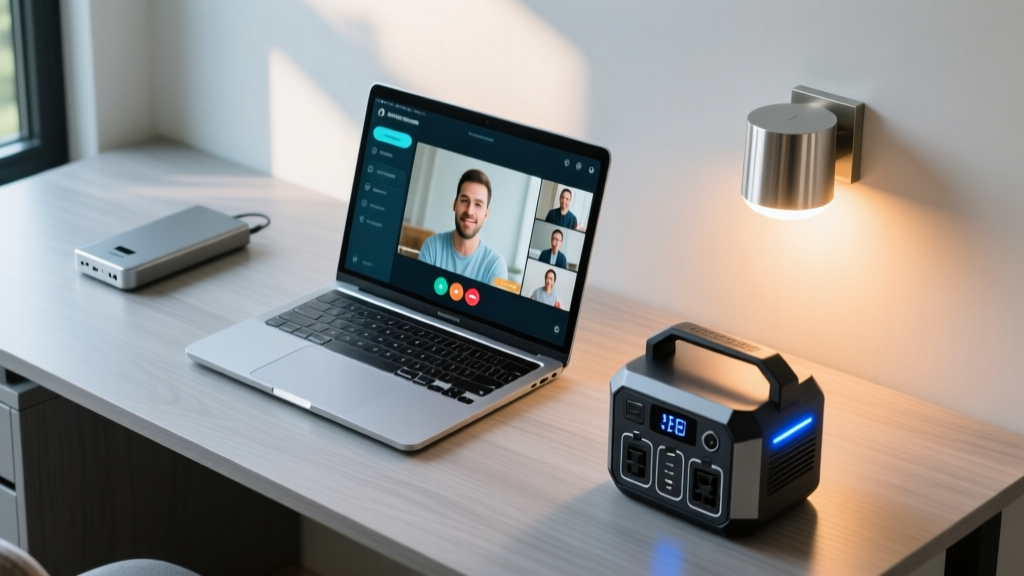 Overhead view of a laptop screen displaying a video conference next to a glowing smart outdoor wall light and a portable power station on a desk