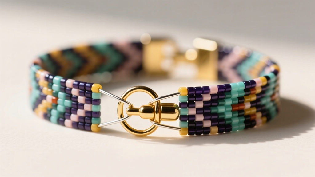 Macro shot of a finished peyote stitch beaded band attached to a gold lobster clasp using a silver wire guardian and a crimp bead