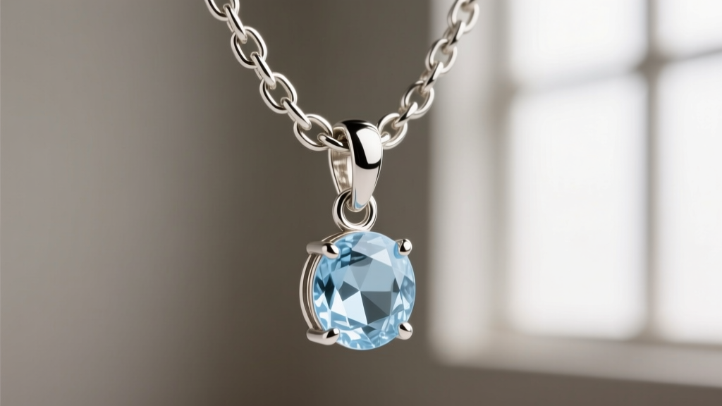 Macro shot of a 1.2mm sterling silver rolo chain linking through a small soldered jump ring on a pale blue gemstone pendant bail