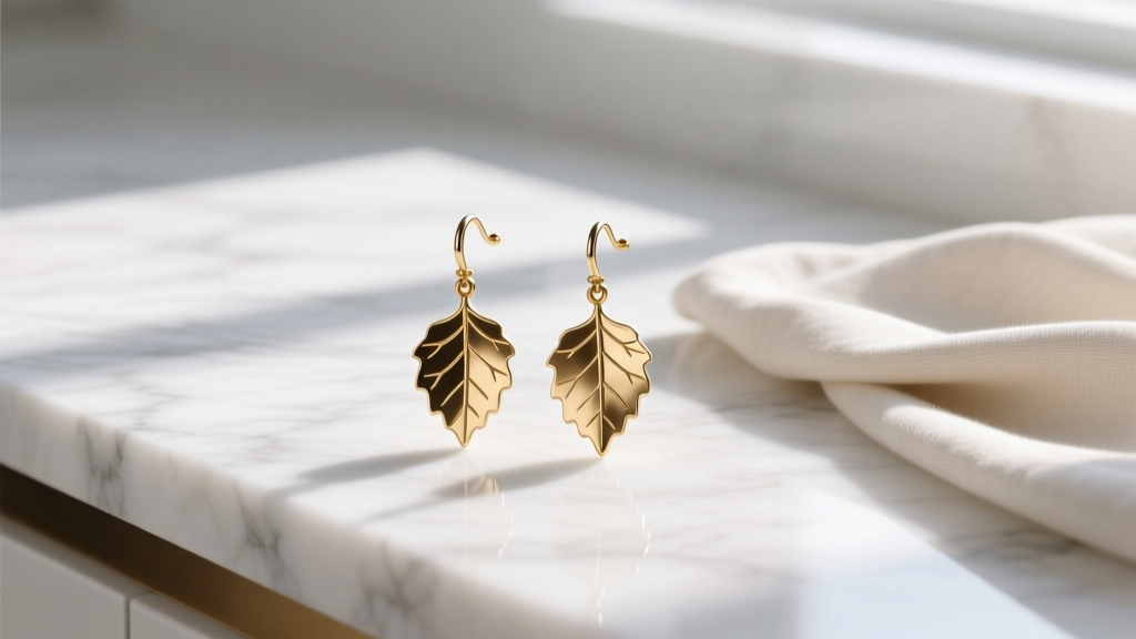 Soft cloth and polish next to brass birch leaf dangle earrings resting on a clean white marble countertop in bright daylight.