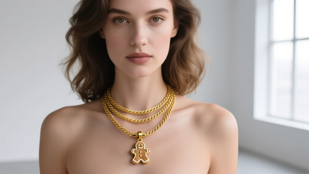 Woman wearing a layered 1.2mm gold rope chain with a small solid gold gingerbread pendant, highlighting the clasp and drape