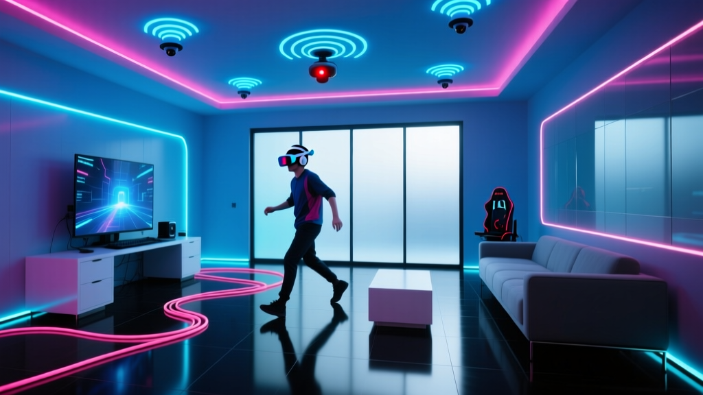 Wide shot of a neon-lit gaming room with ceiling-mounted mmWave sensors and an AI webcam tracking a player in a mixed-reality headset.