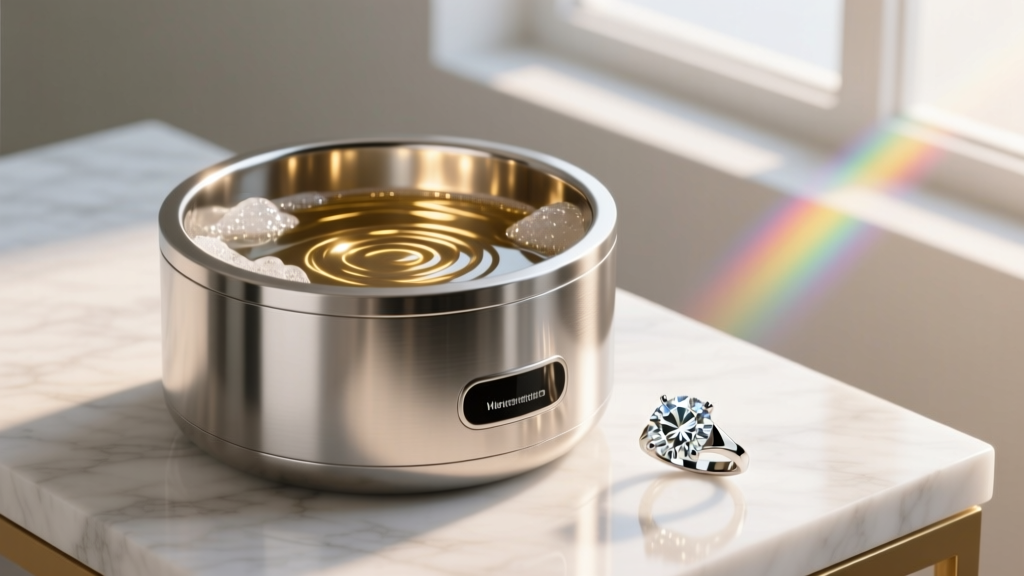Stainless steel super sonic jewelry cleaner tank with soapy water, reflecting warm studio light next to a diamond ring.