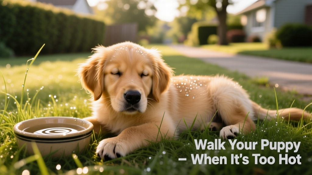 Puppy resting in shaded grass on a hot day, panting gently with water bowl nearby