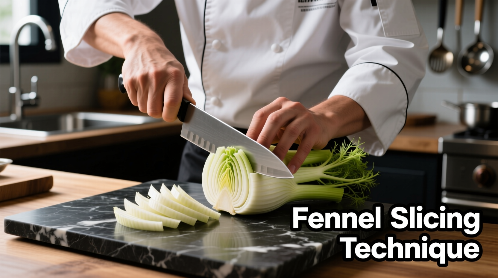 Chef demonstrating proper fennel bulb cutting technique