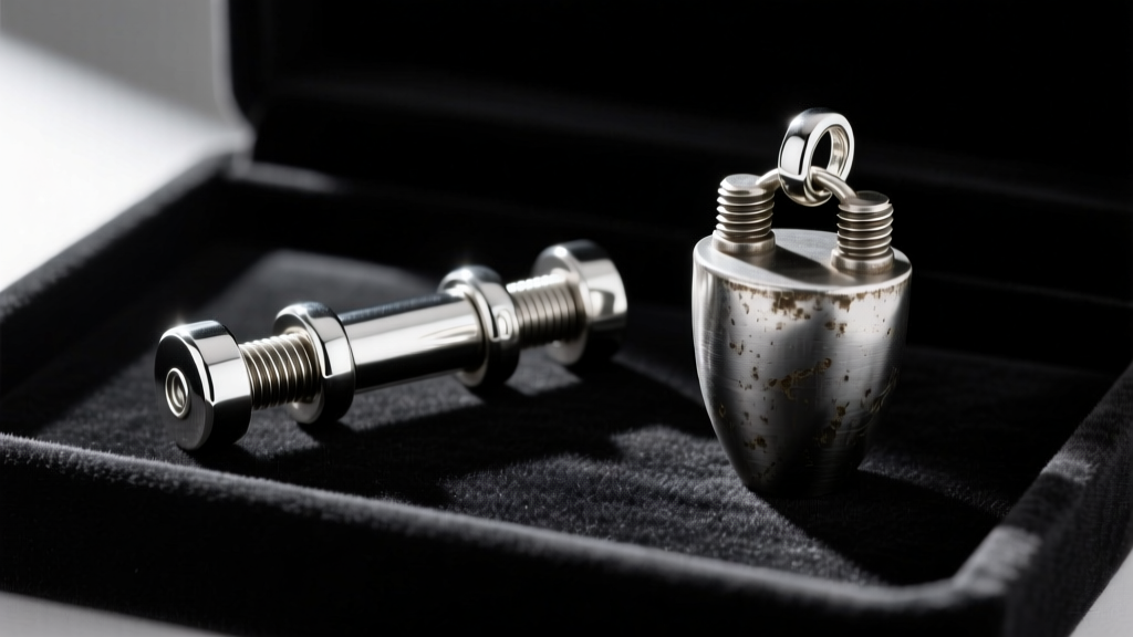 Close-up of a sterling silver barrel hinge and a steel threaded urn pendant side-by-side on a jeweler's wooden workbench.