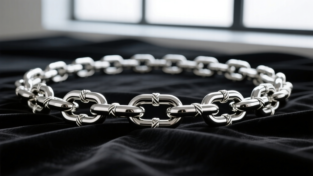 Macro view of 50 cm rope chain links, showing laser-welded joints and high polish finish against a dark velvet fabric background.