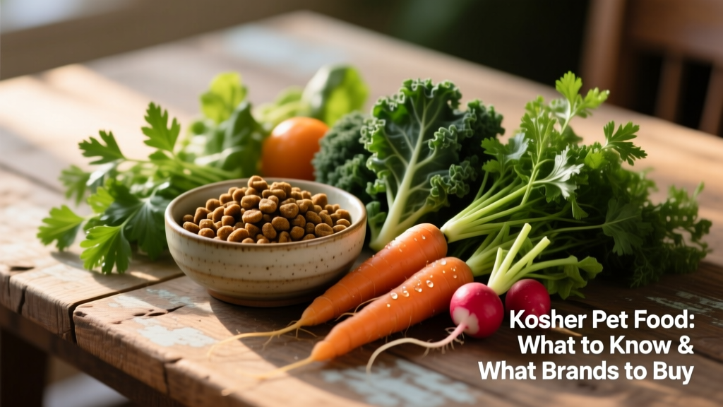 A bowl of grain-free, human-grade pet food beside fresh vegetables and herbs, styled for clarity and natural appeal