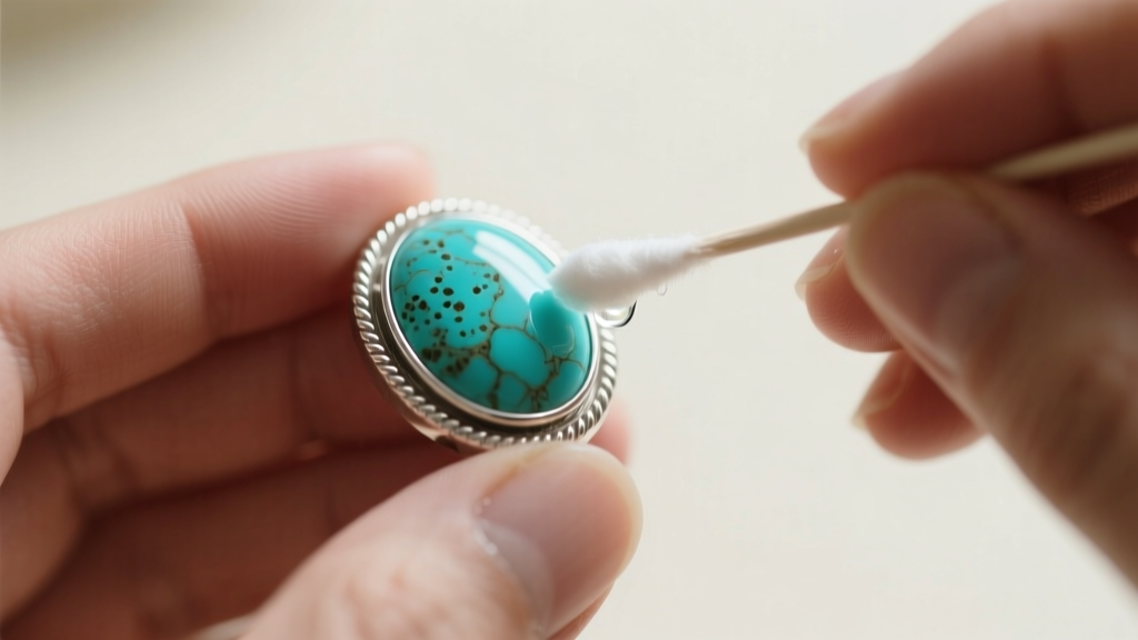Close-up of hands using a cotton swab and mild soap to carefully clean the silver bezel edge around a porous turquoise cabochon.