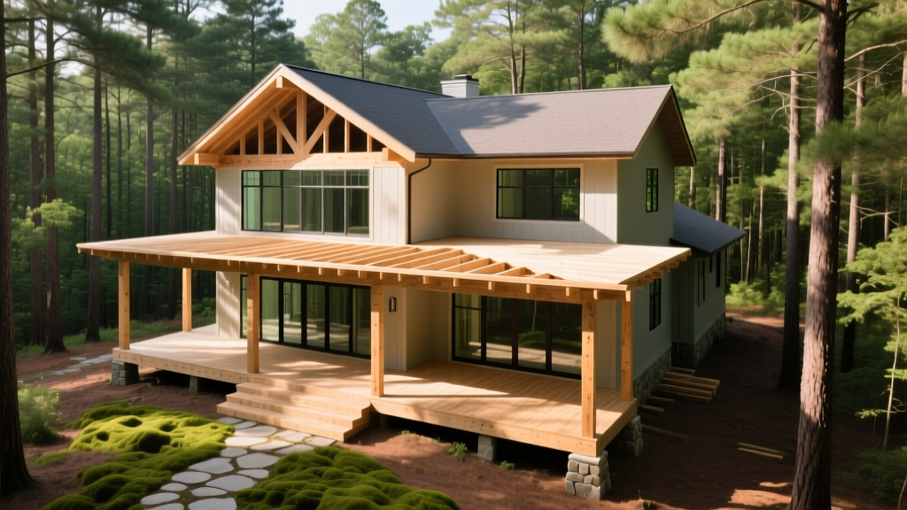 Modern two-story craftsman house with a wrap-around porch under construction in a lush Georgia pine forest, framing visible