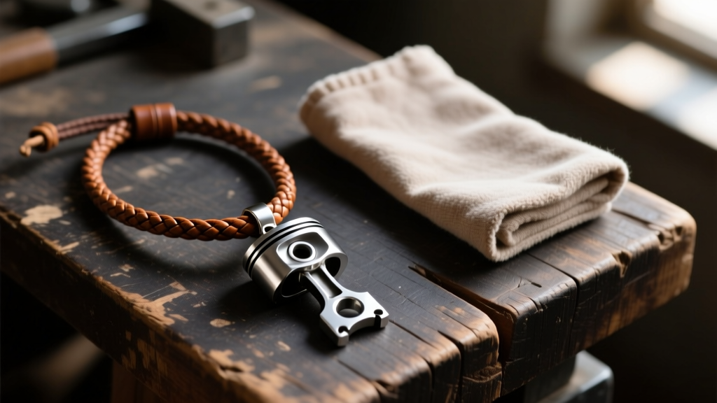 Flat lay of a titanium piston pendant, a braided leather cord, and a microfiber cloth arranged on a dark rustic wooden workbench.