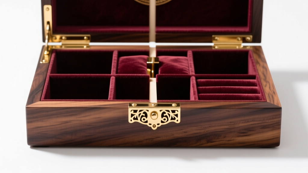 Drafting blueprint of a walnut jewelry box showing detailed cross-sections of brass hinges and treated velvet lining compartments